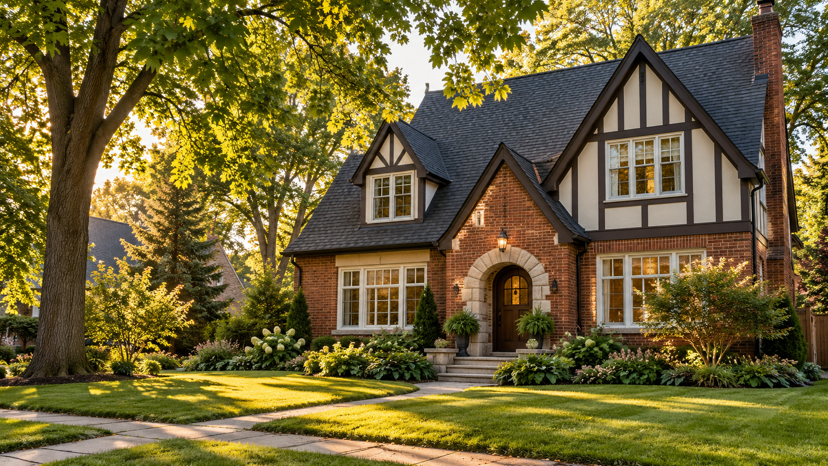 AI-generated illustration of a Tudor-style brick home with mature trees, inspired by Southeastern Wisconsin